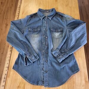 Charlotte Russe Size Medium Denim Button Down Collared Shirt Studded Shoulders
